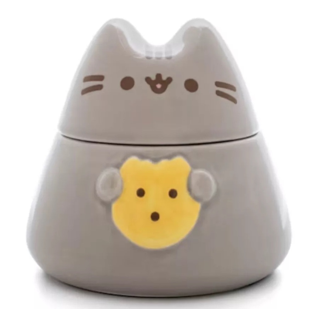 Pusheen Cat Ceramic Treat Jar with Lid Easy Clean 8" Gray Cartoon Cookie Jar NEW